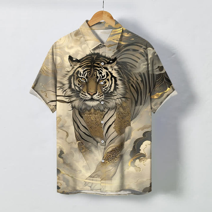 Buddha Stones Camicia da uomo a maniche corte con bottoni a fantasia "Tiger Cloud Wave" e tessuto resistente alle pieghe. - Beige - US/UK/AU48, EU58 (4XL) - image 0
