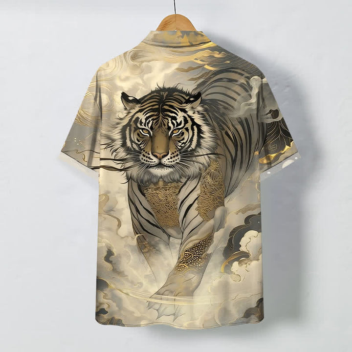 Buddha Stones Camicia da uomo a maniche corte con bottoni a fantasia "Tiger Cloud Wave" e tessuto resistente alle pieghe. - image 1