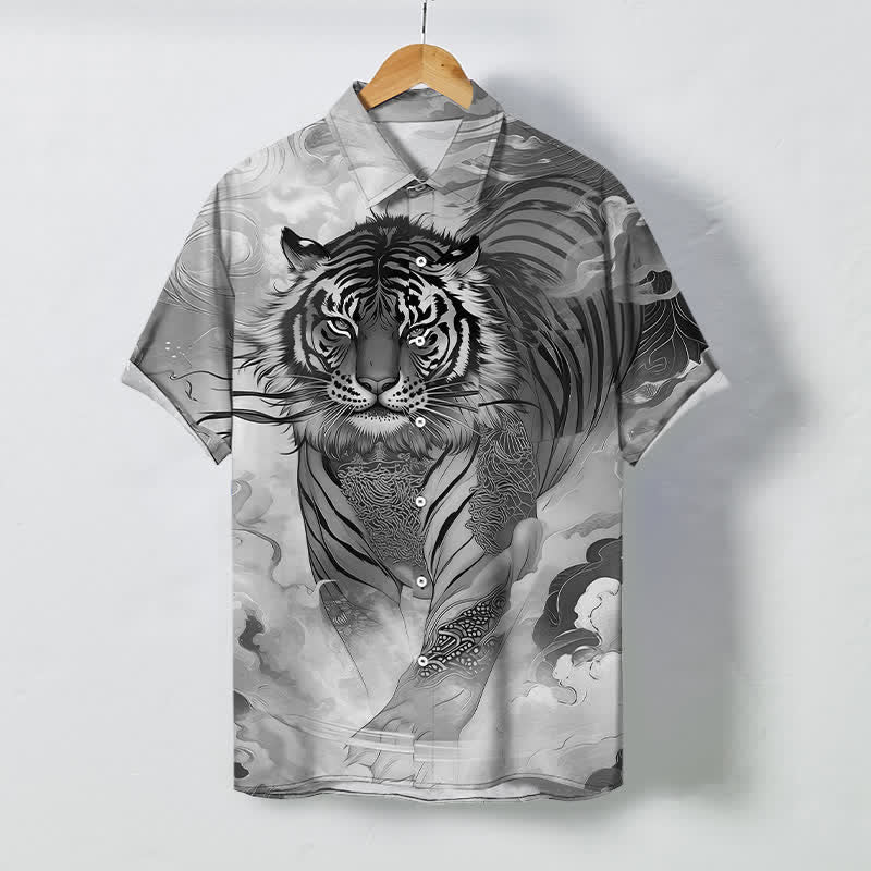 Buddha Stones Camicia da uomo a maniche corte con bottoni a fantasia "Tiger Cloud Wave" e tessuto resistente alle pieghe. - Grigio chiaro - US/UK/AU48, EU58 (4XL) - image 10