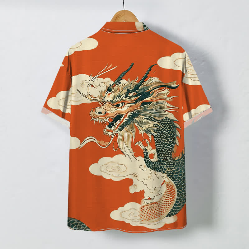 Buddha Stones Camicia da uomo a maniche corte con bottoni, motivo drago cinese e nuvole, resistente alle pieghe. - image 1