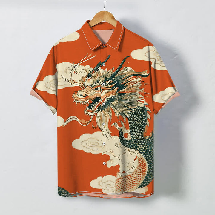 Buddha Stones Camicia da uomo a maniche corte con bottoni, motivo drago cinese e nuvole, resistente alle pieghe. - Arancia - US/UK/AU48, EU58 (4XL) - image 0