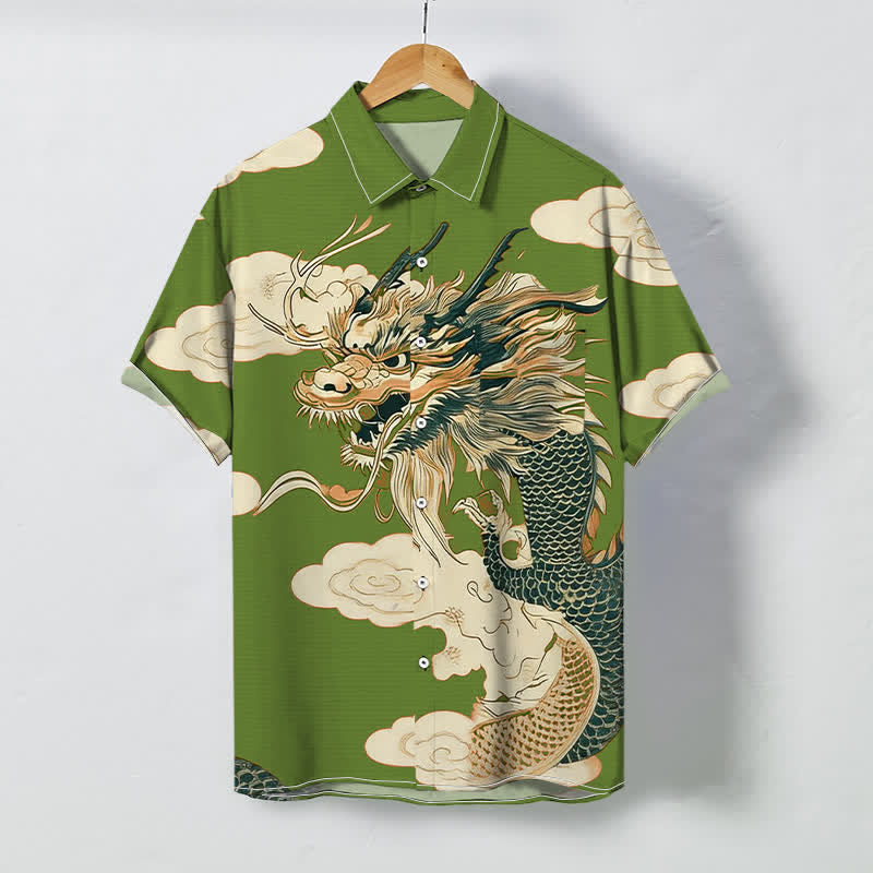 Buddha Stones Camicia da uomo a maniche corte con bottoni, motivo drago cinese e nuvole, resistente alle pieghe. - Verde oliva - US/UK/AU48, EU58 (4XL) - image 3