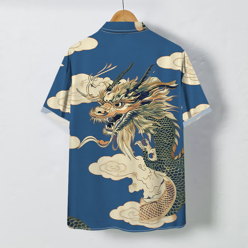 Buddha Stones Camicia da uomo a maniche corte con bottoni, motivo drago cinese e nuvole, resistente alle pieghe. - image 7