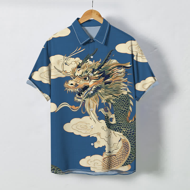 Buddha Stones Camicia da uomo a maniche corte con bottoni, motivo drago cinese e nuvole, resistente alle pieghe. - Blu reale - US/UK/AU48, EU58 (4XL) - image 6