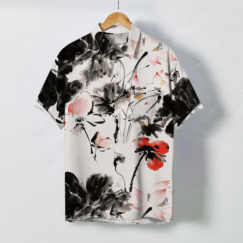 Buddha Stones Camicia da uomo a maniche corte traspirante con bottoni e motivo floreale a inchiostro. - Beige - US/UK/AU48, EU58 (4XL) - image 0