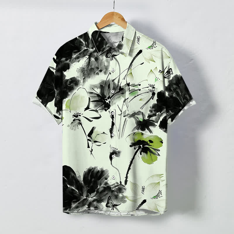 Buddha Stones Camicia da uomo a maniche corte traspirante con bottoni e motivo floreale a inchiostro. - Melata - US/UK/AU48, EU58 (4XL) - image 3