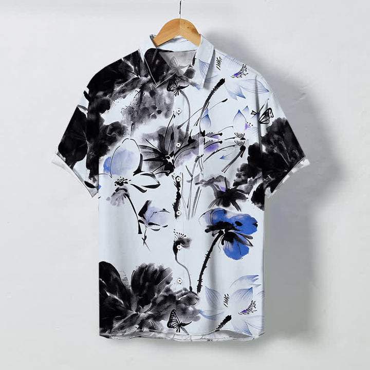 Buddha Stones Camicia da uomo a maniche corte traspirante con bottoni e motivo floreale a inchiostro. - Azzurro chiaro - US/UK/AU48, EU58 (4XL) - image 6