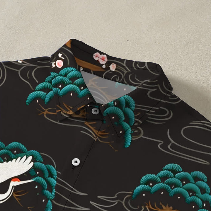 Buddha Stones Camicia da uomo a maniche corte traspirante con bottoni e motivo a nuvole e fiori di pino, con stampa gru. - image 2