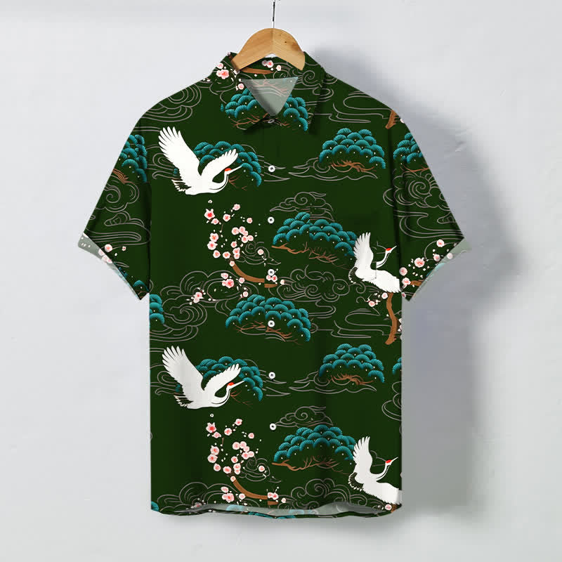Buddha Stones Camicia da uomo a maniche corte traspirante con bottoni e motivo a nuvole e fiori di pino, con stampa gru. - Verde scuro - US/UK/AU48, EU58 (4XL) - image 5