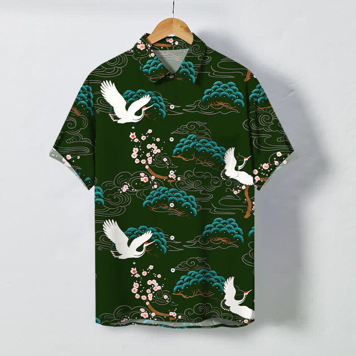 Buddha Stones Camicia da uomo a maniche corte traspirante con bottoni e motivo a nuvole e fiori di pino, con stampa gru. - Verde scuro - US/UK/AU48, EU58 (4XL) - image 5