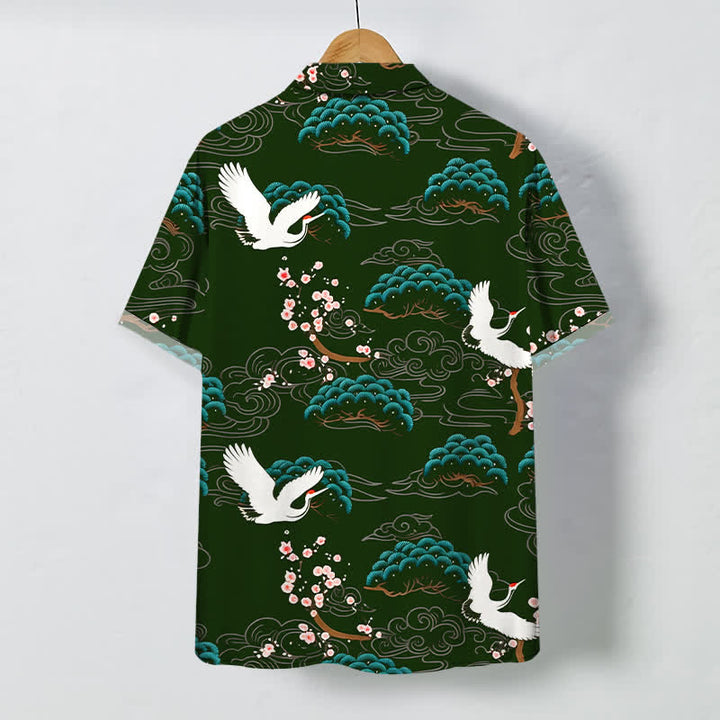 Buddha Stones Camicia da uomo a maniche corte traspirante con bottoni e motivo a nuvole e fiori di pino, con stampa gru. - image 6