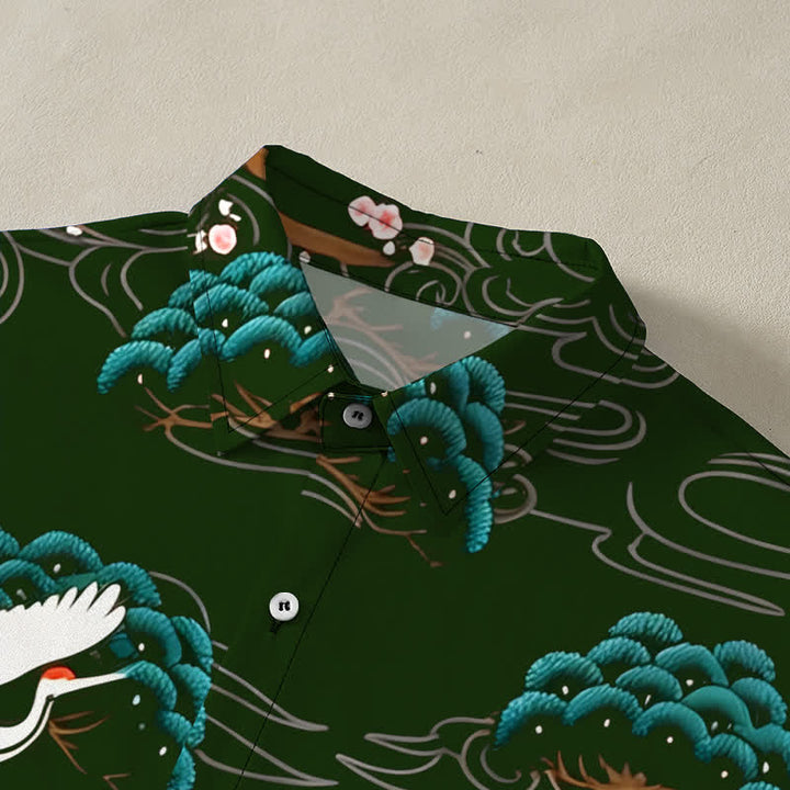 Buddha Stones Camicia da uomo a maniche corte traspirante con bottoni e motivo a nuvole e fiori di pino, con stampa gru. - image 7