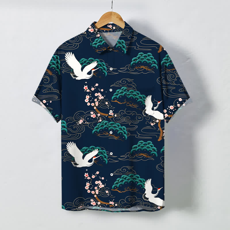 Buddha Stones Camicia da uomo a maniche corte traspirante con bottoni e motivo a nuvole e fiori di pino, con stampa gru. - Marina - US/UK/AU48, EU58 (4XL) - image 10