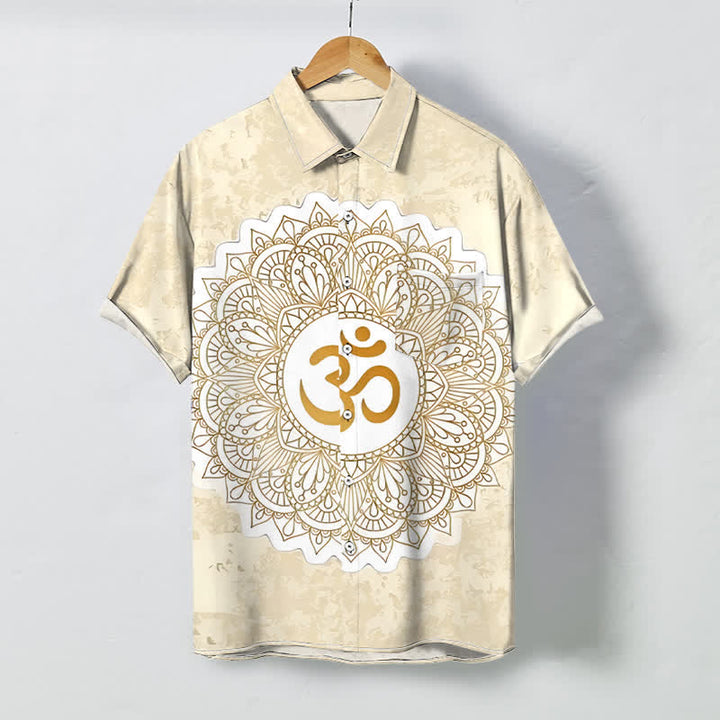 Buddha Stones Camicia da uomo a maniche corte traspirante con bottoni e motivo mandala Om. - Beige - US/UK/AU48, EU58 (4XL) - image 0