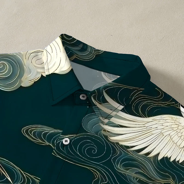 Buddha Stones Camicia da uomo a maniche corte con motivo gru dalla corona rossa in volo e nuvole di buon auspicio, bottoni resistenti alle pieghe. - image 2