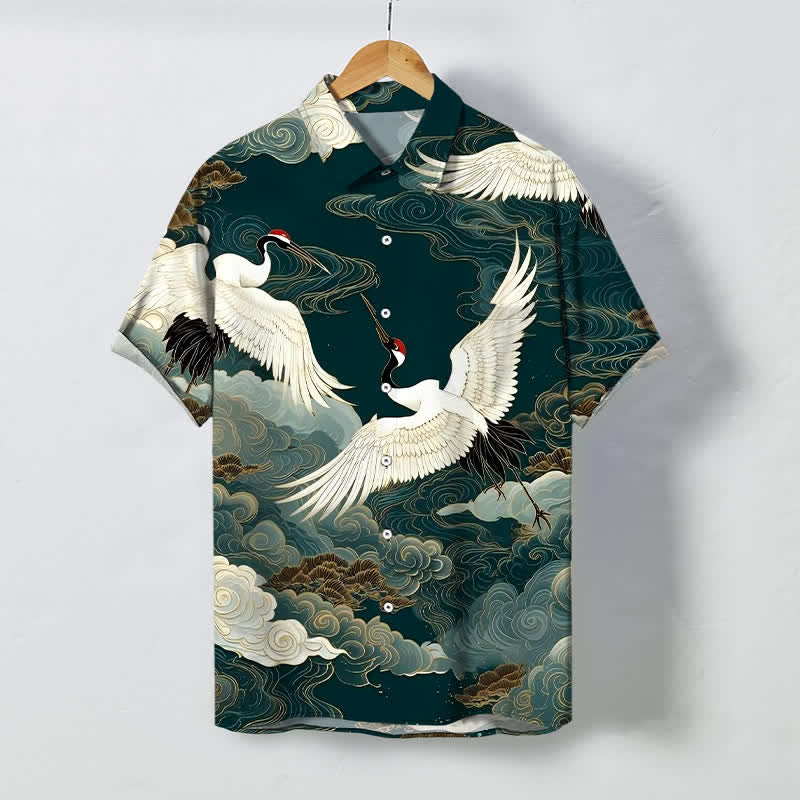 Buddha Stones Camicia da uomo a maniche corte con motivo gru dalla corona rossa in volo e nuvole di buon auspicio, bottoni resistenti alle pieghe. - Verde acqua - US/UK/AU48, EU58 (4XL) - image 0