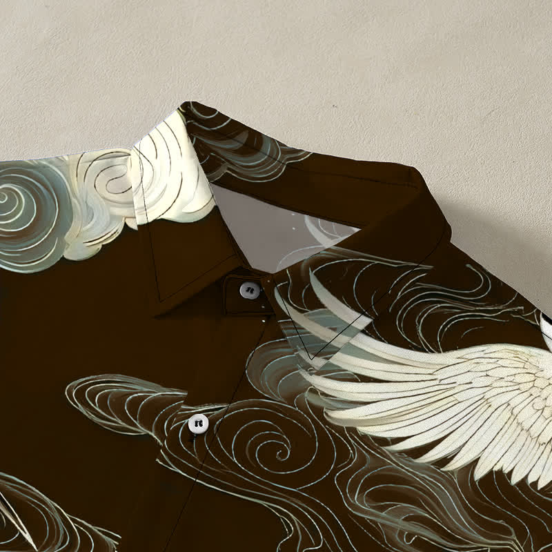 Buddha Stones Camicia da uomo a maniche corte con motivo gru dalla corona rossa in volo e nuvole di buon auspicio, bottoni resistenti alle pieghe. - image 7