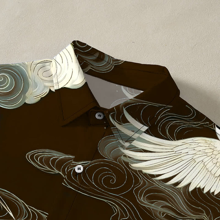 Buddha Stones Camicia da uomo a maniche corte con motivo gru dalla corona rossa in volo e nuvole di buon auspicio, bottoni resistenti alle pieghe. - image 7
