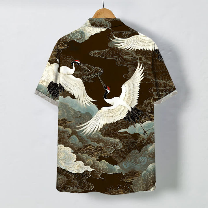 Buddha Stones Camicia da uomo a maniche corte con motivo gru dalla corona rossa in volo e nuvole di buon auspicio, bottoni resistenti alle pieghe. - image 6