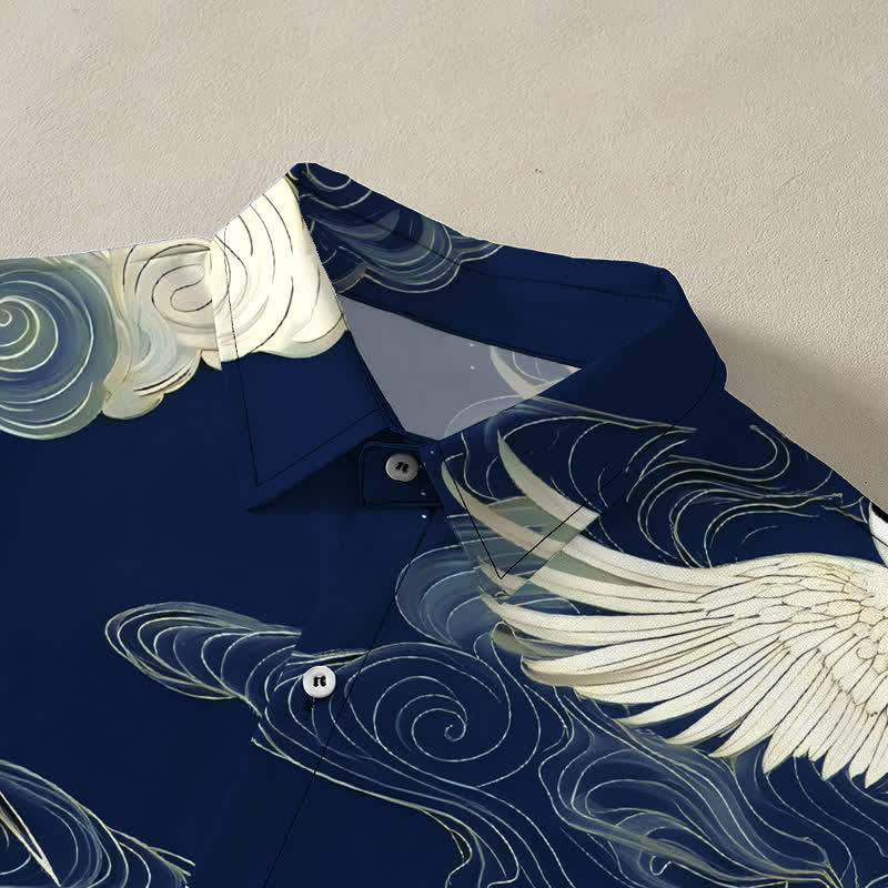 Buddha Stones Camicia da uomo a maniche corte con motivo gru dalla corona rossa in volo e nuvole di buon auspicio, bottoni resistenti alle pieghe. - image 12