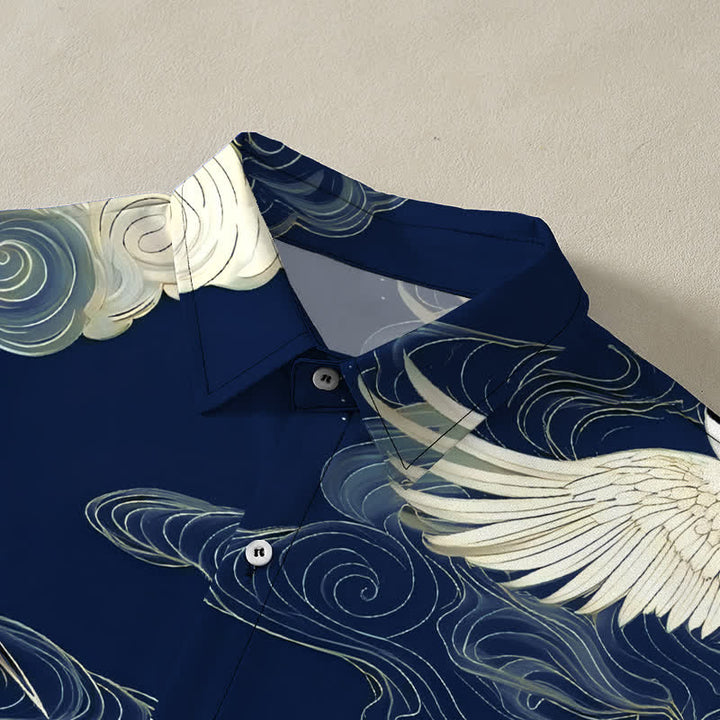 Buddha Stones Camicia da uomo a maniche corte con motivo gru dalla corona rossa in volo e nuvole di buon auspicio, bottoni resistenti alle pieghe. - image 12