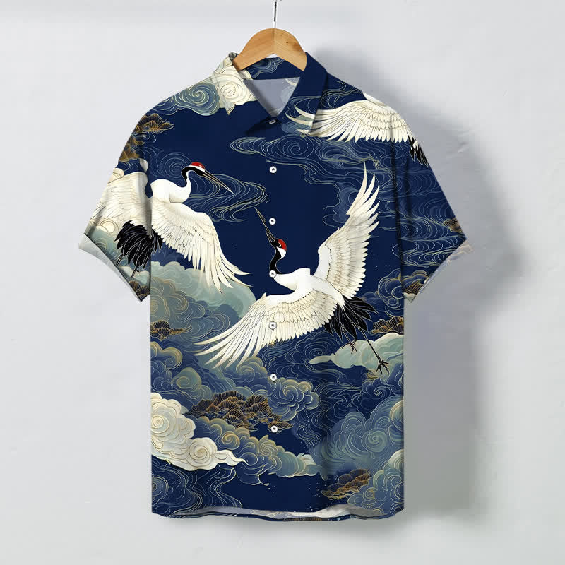 Buddha Stones Camicia da uomo a maniche corte con motivo gru dalla corona rossa in volo e nuvole di buon auspicio, bottoni resistenti alle pieghe. - Marina - US/UK/AU48, EU58 (4XL) - image 10