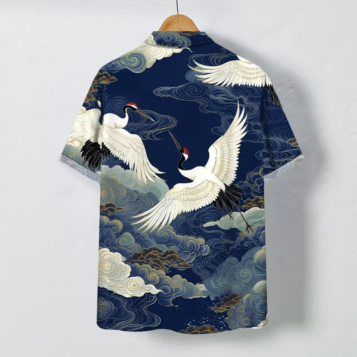 Buddha Stones Camicia da uomo a maniche corte con motivo gru dalla corona rossa in volo e nuvole di buon auspicio, bottoni resistenti alle pieghe. - image 11