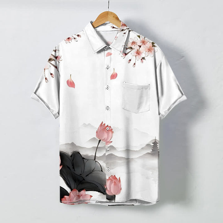 Buddha Stones Camicia da uomo a maniche corte con bottoni a fantasia pagoda e monte loto, resistente alle pieghe. - Bianco - US/UK/AU48, EU58 (4XL) - image 0