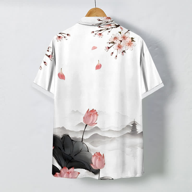 Buddha Stones Camicia da uomo a maniche corte con bottoni a fantasia pagoda e monte loto, resistente alle pieghe. - image 1