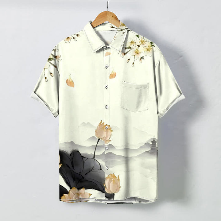 Buddha Stones Camicia da uomo a maniche corte con bottoni a fantasia pagoda e monte loto, resistente alle pieghe. - Seta di mais - US/UK/AU48, EU58 (4XL) - image 3