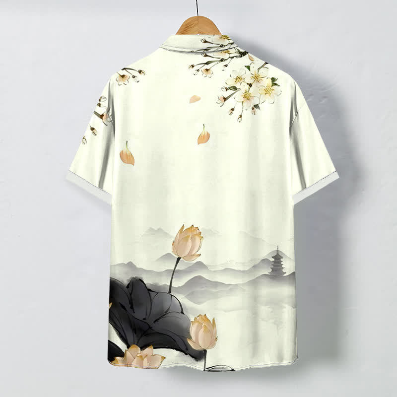 Buddha Stones Camicia da uomo a maniche corte con bottoni a fantasia pagoda e monte loto, resistente alle pieghe. - image 4