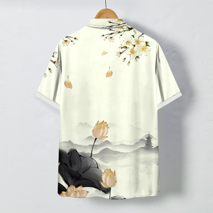Buddha Stones Camicia da uomo a maniche corte con bottoni a fantasia pagoda e monte loto, resistente alle pieghe. - image 4