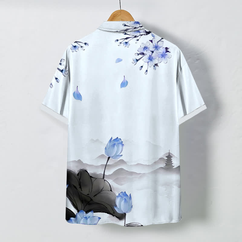 Buddha Stones Camicia da uomo a maniche corte con bottoni a fantasia pagoda e monte loto, resistente alle pieghe. - image 7
