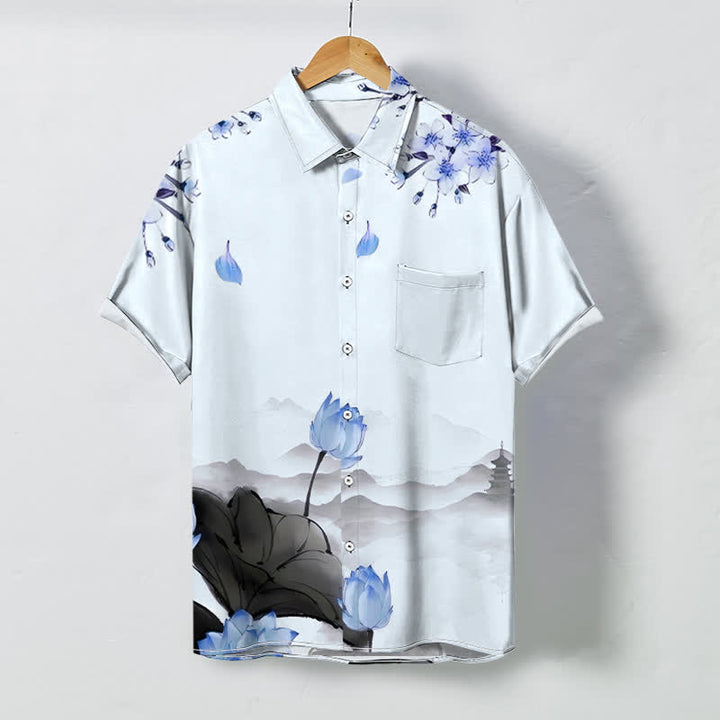 Buddha Stones Camicia da uomo a maniche corte con bottoni a fantasia pagoda e monte loto, resistente alle pieghe. - AliceBlue - US/UK/AU48, EU58 (4XL) - image 6