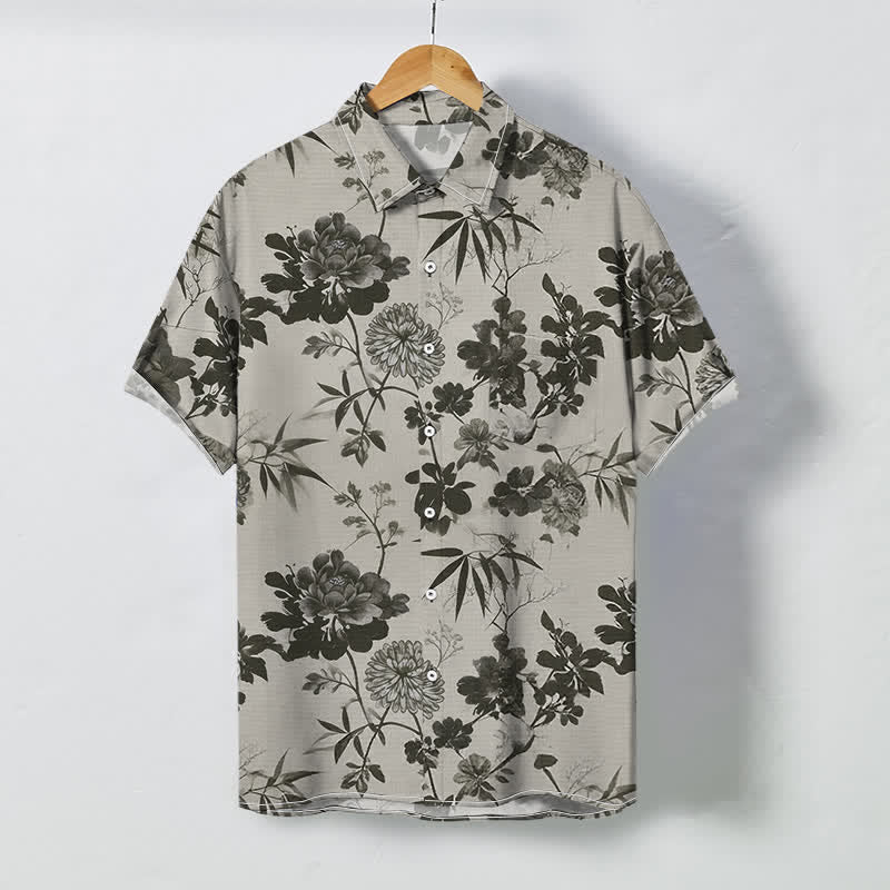 Buddha Stones Camicia da uomo a maniche corte traspirante con bottoni e motivo floreale scuro a foglie di bambù. - Grigio chiaro - US/UK/AU48, EU58 (4XL) - image 0