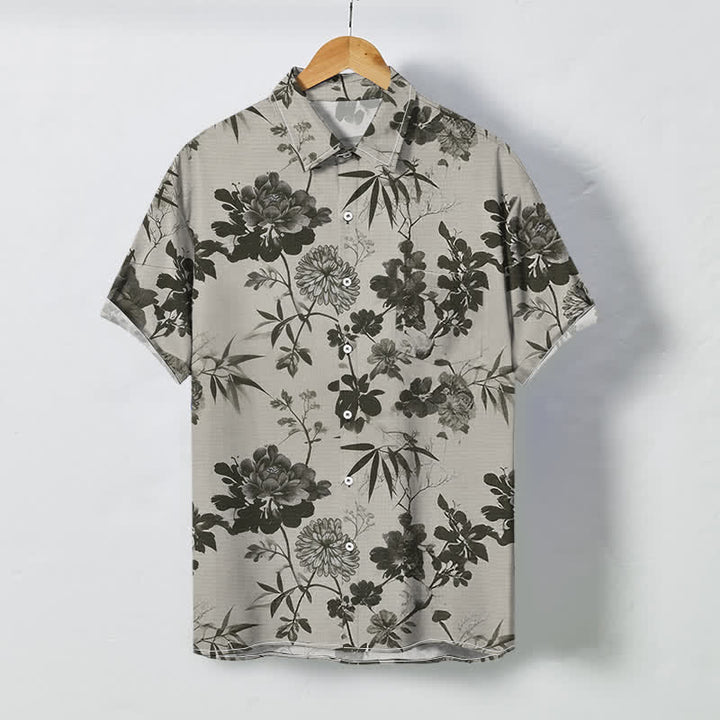 Buddha Stones Camicia da uomo a maniche corte traspirante con bottoni e motivo floreale scuro a foglie di bambù. - Grigio chiaro - US/UK/AU48, EU58 (4XL) - image 0