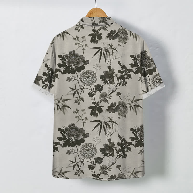 Buddha Stones Camicia da uomo a maniche corte traspirante con bottoni e motivo floreale scuro a foglie di bambù. - image 1