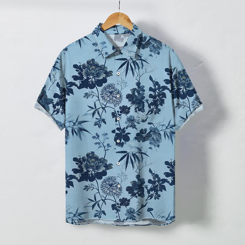 Buddha Stones Camicia da uomo a maniche corte traspirante con bottoni e motivo floreale scuro a foglie di bambù. - Azzurro chiaro - US/UK/AU48, EU58 (4XL) - image 3