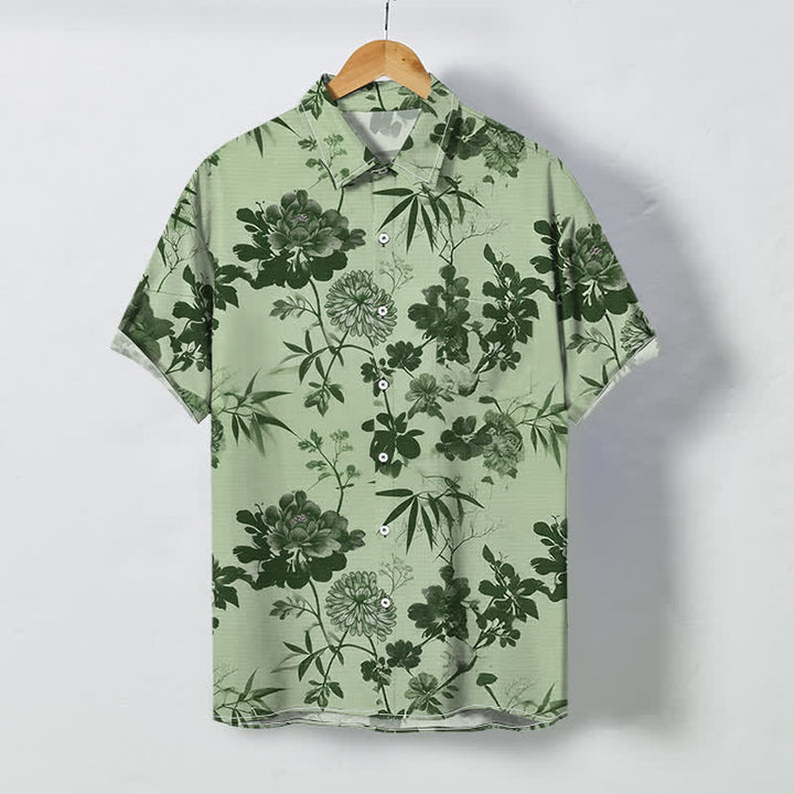 Buddha Stones Camicia da uomo a maniche corte traspirante con bottoni e motivo floreale scuro a foglie di bambù. - Verde chiaro - US/UK/AU48, EU58 (4XL) - image 6