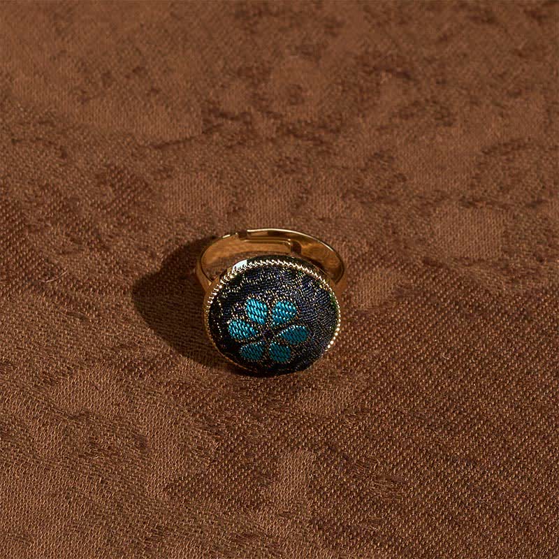 Buddha Stones Anello rotondo regolabile con motivo floreale in broccato Song, realizzato a mano. - image 3