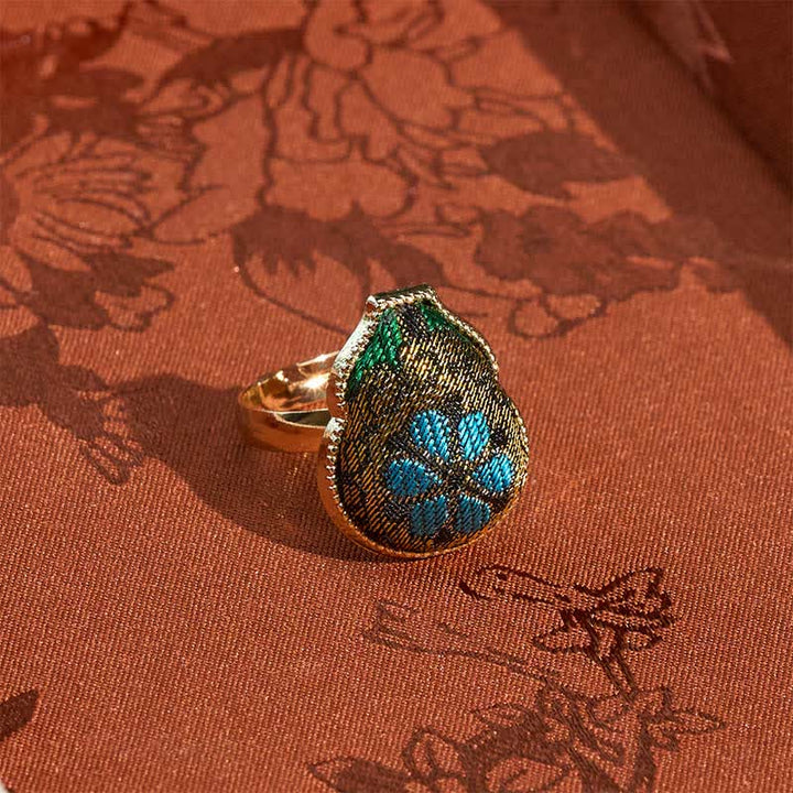 Buddha Stones Anello regolabile in stile vintage cinese con broccato a forma di zucca e scritta "Song Brocade Gourd Shaped Blessing". - image 1