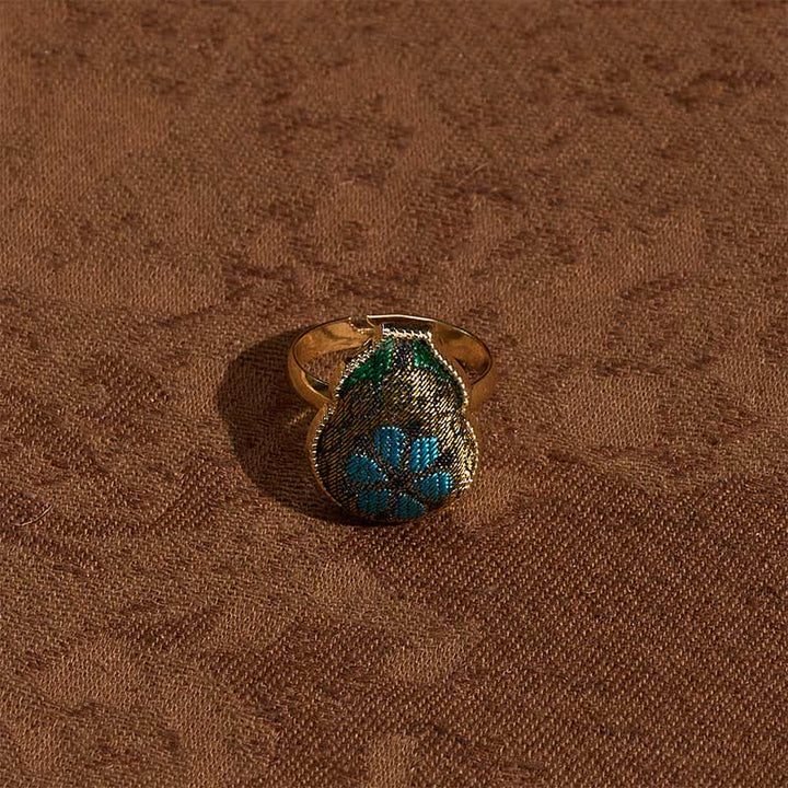 Buddha Stones Anello regolabile in stile vintage cinese con broccato a forma di zucca e scritta "Song Brocade Gourd Shaped Blessing". - image 3