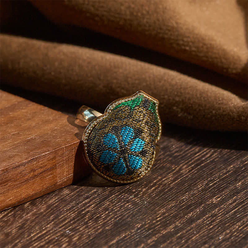 Buddha Stones Anello regolabile in stile vintage cinese con broccato a forma di zucca e scritta "Song Brocade Gourd Shaped Blessing". - image 2