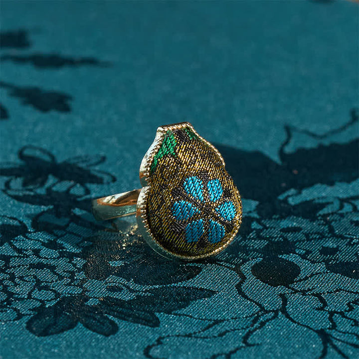 Buddha Stones Anello regolabile in stile vintage cinese con broccato a forma di zucca e scritta "Song Brocade Gourd Shaped Blessing". - Oro Blu (stessa tonalità di colore, fantasia variabile) - Regolabile (aperto) - image 0