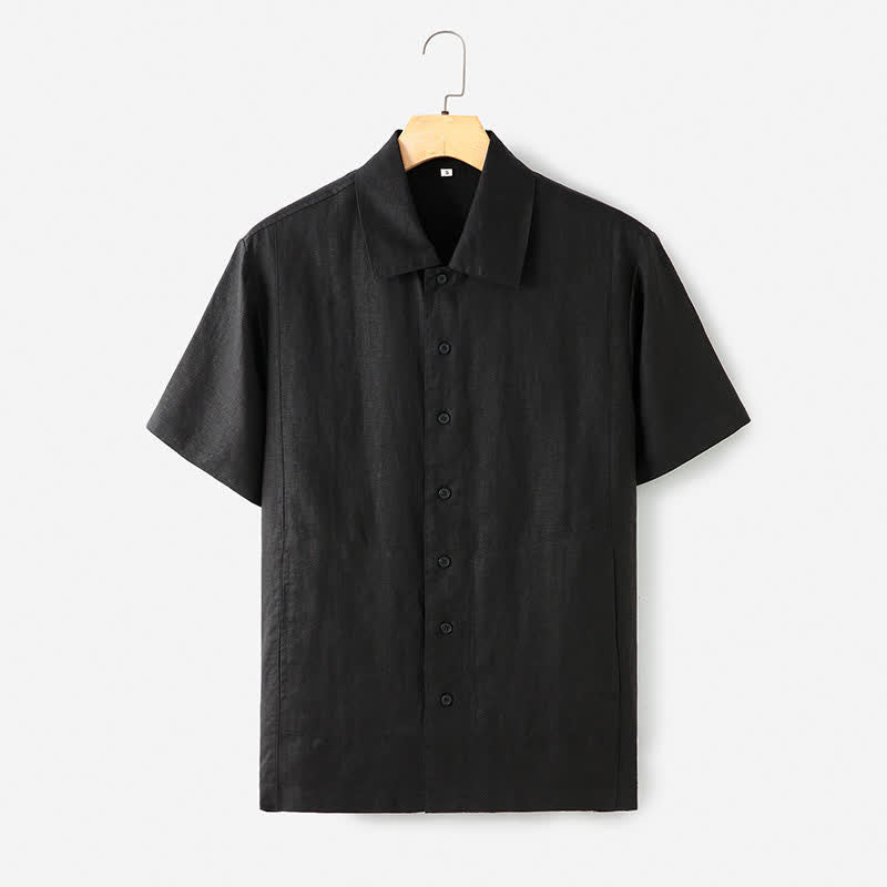 Buddha Stones Camicia da uomo estiva minimalista a maniche corte in cotone e lino tinta unita con bottoni e taschino. - Nero - US/UK/AU40, EU50 (2XL) - image 0
