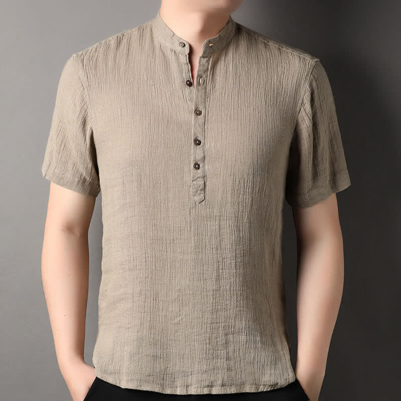 Buddha Stones Camicia da uomo estiva casual a maniche corte in lino tinta unita con colletto alla coreana e taglio Tang. - Tan - US/UK/AU44, EU54 (4XL) - image 0