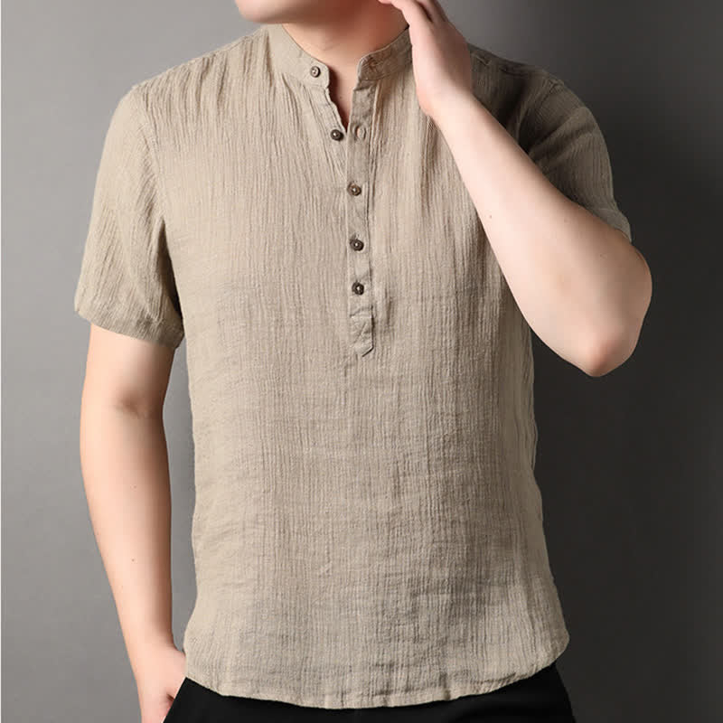 Buddha Stones Camicia da uomo estiva casual a maniche corte in lino tinta unita con colletto alla coreana e taglio Tang. - image 1