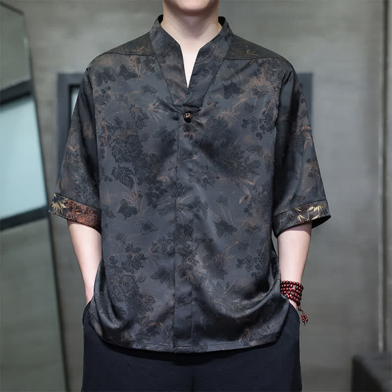 Buddha Stones Camicia da uomo a maniche corte, stile Tang, casual, con colletto alla coreana e motivo a farfalla in bambù, ideale per primavera/estate. - image 1