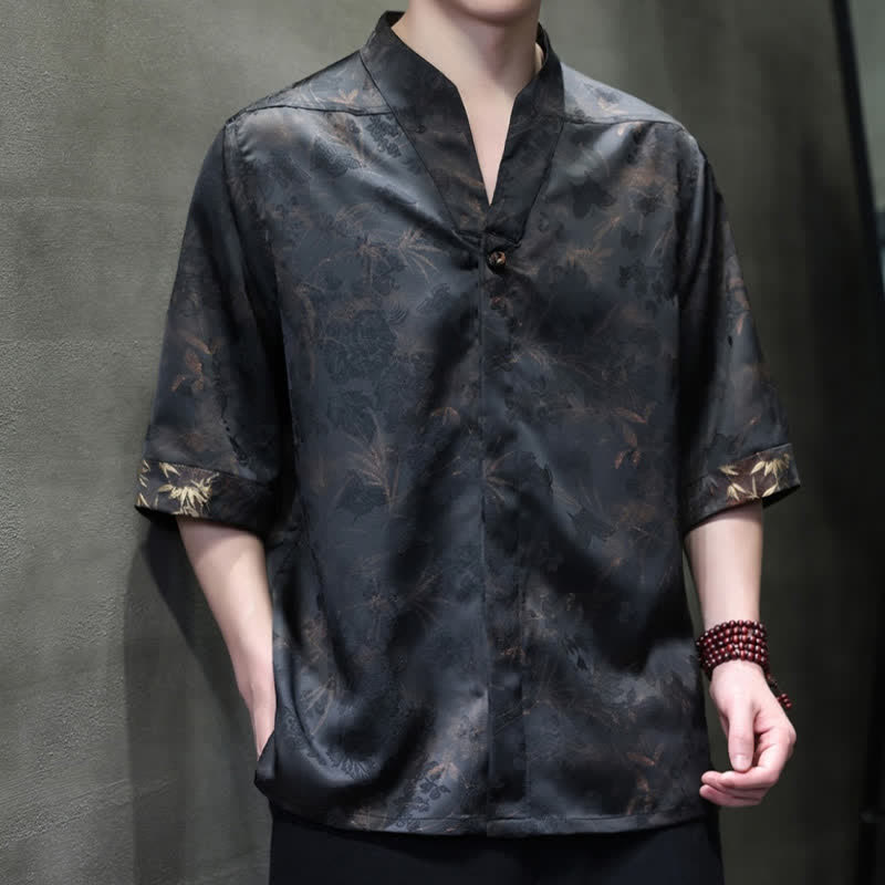 Buddha Stones Camicia da uomo a maniche corte, stile Tang, casual, con colletto alla coreana e motivo a farfalla in bambù, ideale per primavera/estate. - image 2