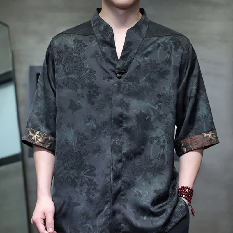 Buddha Stones Camicia da uomo a maniche corte, stile Tang, casual, con colletto alla coreana e motivo a farfalla in bambù, ideale per primavera/estate. - image 14